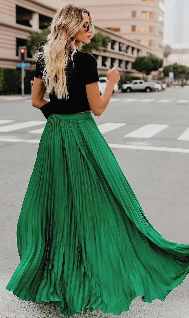 ebossy Women's High Waist Flowy Pleated Chiffon Maxi Skirt (Large, Green) - Image 4